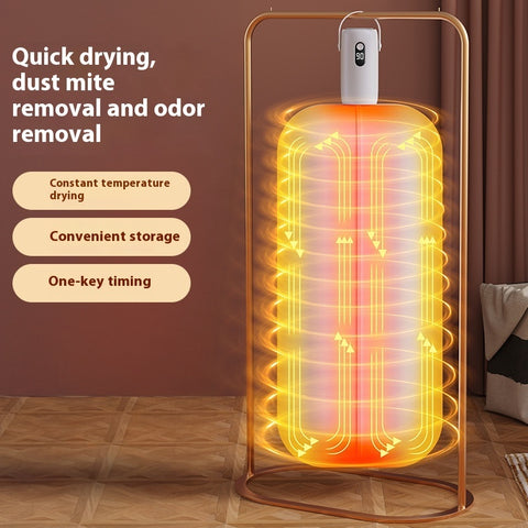 Portable mini clothes dryer drying shirts in a compact apartment